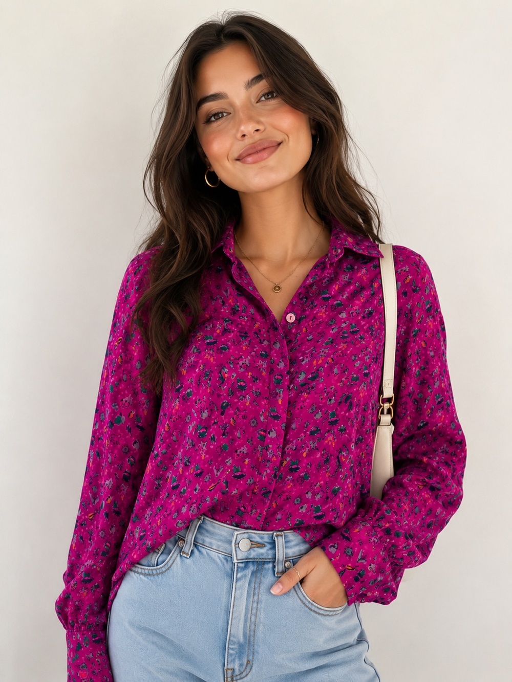 Louis Feraud Vintage 80s 90s Silk Fuchsia Floral Blouse Sz. 12